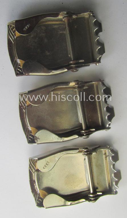 Attractive - and unusually seen! - smaller-sized, 'ornamented' and silver-toned (ie. chromed metal-based) patriotic belt-buckle (ie. 'N.S.D.A.P.'-supportive-piece) being a 'mint- ie. unissued' example that shows some (minimal) rust-staining