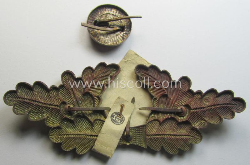 Matching (political-style) N.S.D.A.P.-visor- (ie. 'Schirmmützen'-) cap-insignia-set for a: 'politischen Leiter' (comprising of a cap-wreath and dito cap-cocarde, both pieces being neatly: 'RzM' and/or: 'M1/36'- (ie. 'M1/52'-) marked example...