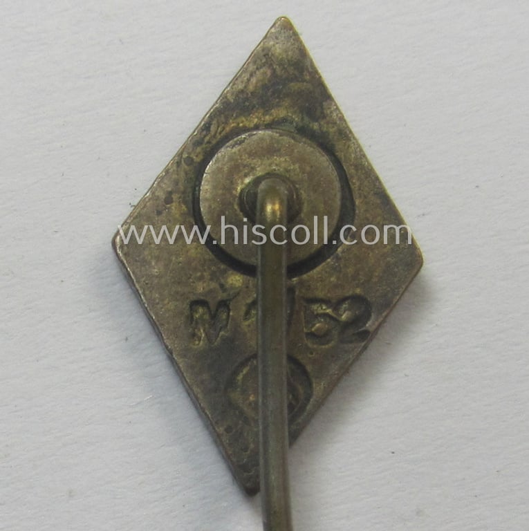 Attractive, 'NS-Studentenbund' enamelled lapel-pin (ie.: 'Raute') being a bright-red-, black- and white-coloured- and/or detailed example showing a clear makers'- (ie. 'RzM M1/52'-) designation on its back