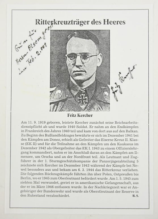 Signature of Wehrmacht Heer KC Recipient 'Fritz Kercher'