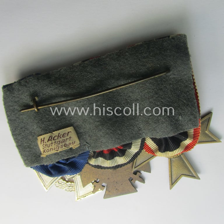 Unusual, 3-pieced 'WWI'- (ie. TR-) related medal-bar (ie. 'Ordenspange') resp. depicting a: 'KvK II. Klasse ohne Schwn.', a: 'FKK 1914-18 mit Schwn.' and a: 'Treuedienst Ehrenzeichen 2. Kl.'