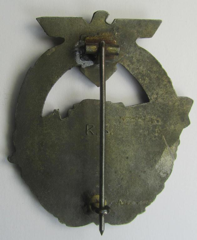 WH (Kriegsmarine) so-called: 'Kriegsabzeichen für Schnellboote - 2. Modell' (or: E-boat-war-badge of the 2nd model) being a maker- (ie. 'RS'-) marked example as was produced by the: 'Rudolf Souval'-company