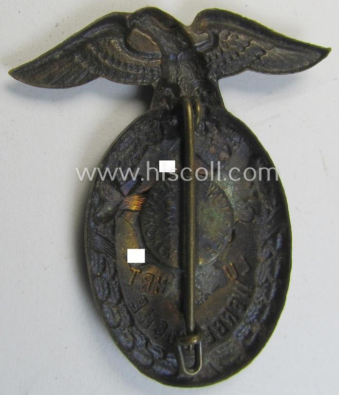 Attractive - and truly scarcely found! - commemorative, golden-bronze-toned- and typical tin-based - 'Flieger'-related 'tinnie' depicting plane, (early!) eagle-device with swastika and text that reads: 'Luftfahrt Werbewoche'