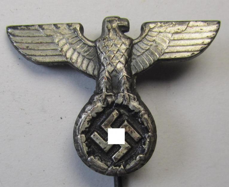Silverish-coloured - and truly very detailed! - so-called: 'N.S.D.A.P.'-supporter- (ie. membership-) lapel-pin (ie. 'tie'-pin) being a maker- (ie. 'RzM - M1/72'-) marked example showing a pronounced: 'Reichsadler'-device
