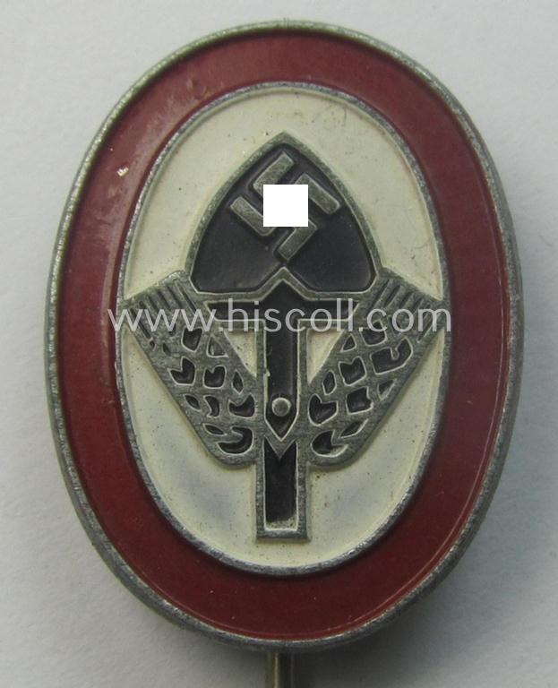 Multi-coloured- and/or 'molded'-styled, aluminium-based lapel-pin (aka: 'RAD-Erinnerungsnadel') being a non-marked example that shows a: 'Ges.Gesch.'-designation as was intended for the: 'Reichsarbeitsdienst der Männer (RAD/M)'