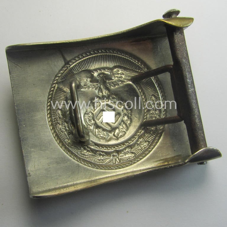 Polished - albeit unmarked and regular-sized! - example of a pre-war-period, N.S.K.K.- (ie. 'National Socialistischer Kraftfahr Korps') silvered-copper-based belt-buckle being a 'variant'-pattern- (ie. 'single-pieced'-) specimen
