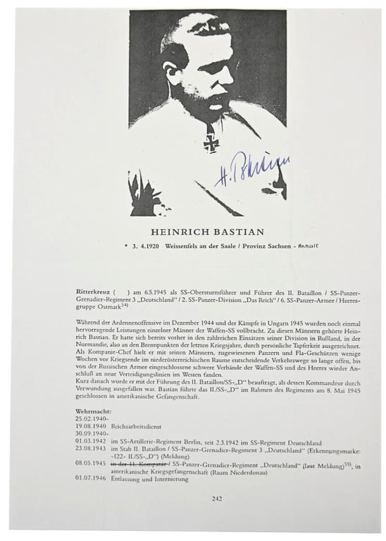 Signature of Waffen-SS KC Recipient 'Heinrich Bastian'
