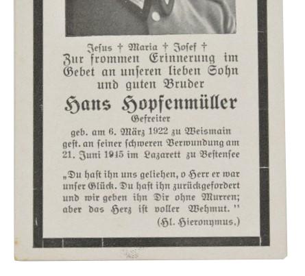 German WH Deathcard 'Hans Hopsenmuller'