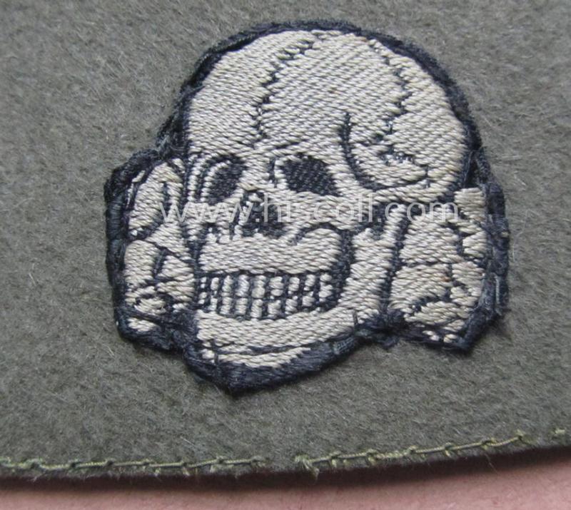 Superb - and rarely found! - field-grey-coloured and/or woolen-based: Waffen-SS 'Fez' (being a 'virtually mint- ie. unissued' example having a neat - and fully matching! - set of silver-grey-coloured 'BeVo'-insignia, originally-attached)