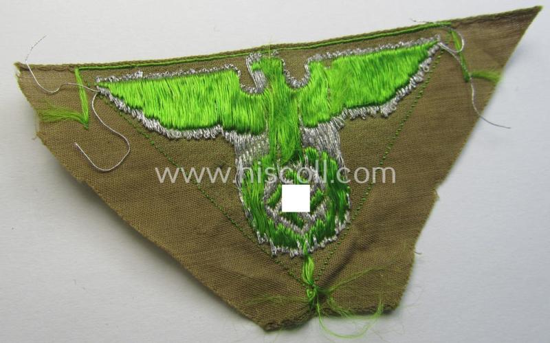 SA-related cap-eagle as was intended for the: 'Lagermütze' (ie. side-cap) being an example as woven in bright-green on a brownish-coloured background and as such intended for members within the: 'SA-Gruppe Pommern o. Thüringen'