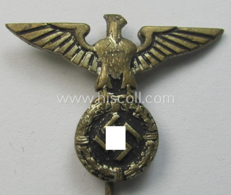 Early-pattern - silverish-coloured and truly very detailed! - so-called: 'N.S.D.A.P.'-supporter- (ie. membership-) lapel-pin (ie. 'tie'-pin) being a maker- (ie. 'RzM 42'-) marked example showing a pronounced (early pattern) 'Reichsadler'-devi...
