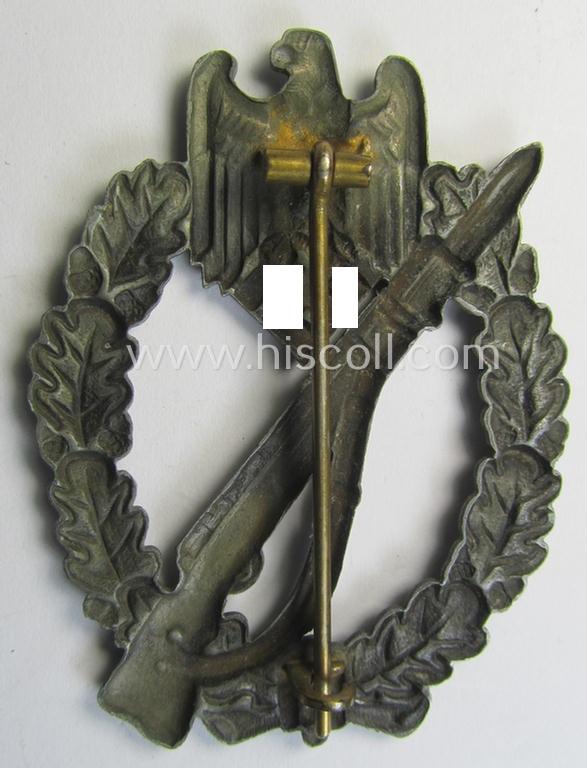Attractive, 'Infanterie Sturmabzeichen in Silber' (or: silver-class infantry-assault-badge ie. IAB) being a non-maker-marked, 'Feinzink'-based so-called: 'hollow-back'-example as was produced by the: 'Otto Schickle'-company