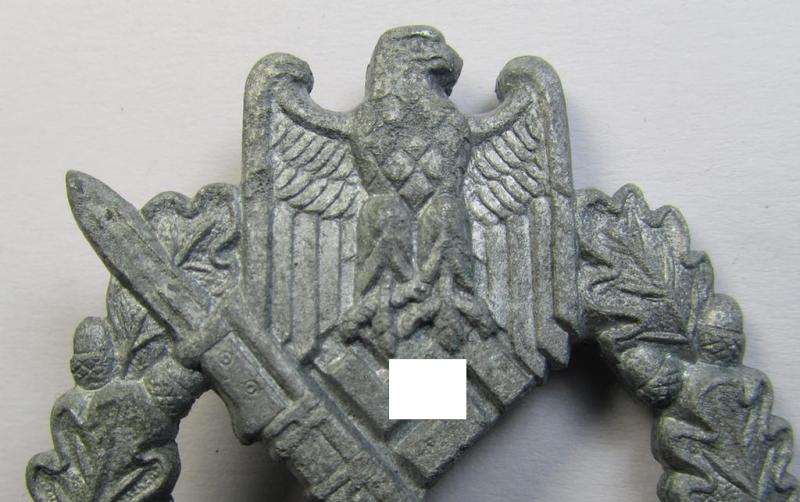 Attractive, 'Infanterie-Sturmabzeichen in Silber' (or: silver-class infantry-assault badge ie. IAB) being a non-maker-marked (zinc-based) so-called: 'four-rivet'-pattern example as was produced by a to date still unidentified maker