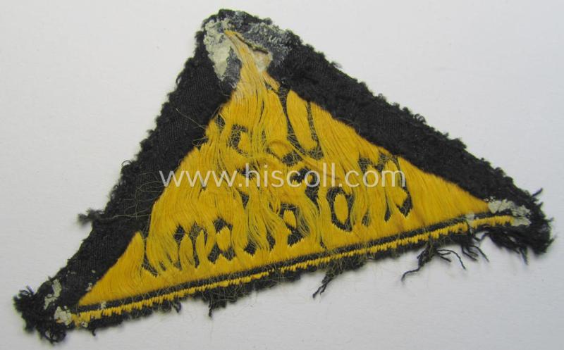 Clearly used 'HJ'- ('Hitlerjugend'-) district-triangle (ie. 'Gebietsdreieck') entitled: 'West Moselland' (being a used- and/or clearly once tunic-/shirt-attached example that misses its so-called: 'RzM'-etiket)