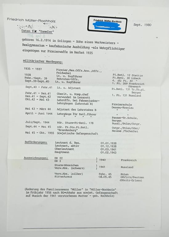 Signature of Wehrmacht Heer KC Recipient 'Friedrich Müller-Rochholz'