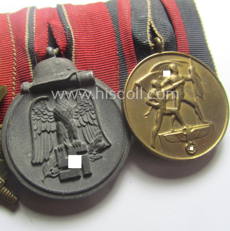 3-pieced WH (Heeres etc.) medal-bar (ie.: 'Ordenspange') showing resp. a: 'KvK II.Kl. mit Schwn.', an: 'Ost'-medal and a Czech 'Anschluss'-medal: '1. Oktober 1938'