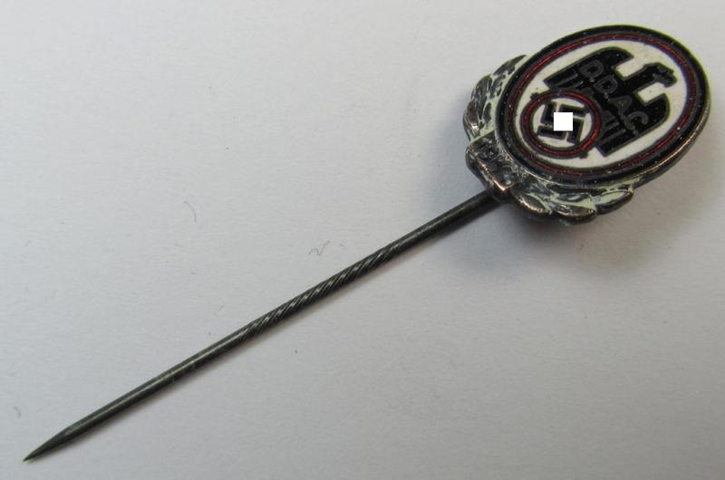 Rarely seen, silver-toned- and/or neatly enamelled, so-called: DDAC (ie. 'Der Deutsche Automobil Club') honorary-badge (or: 'Silberne Ehrennadel 1934') being a non-maker-marked example that comes mounted onto its long-sized pin
