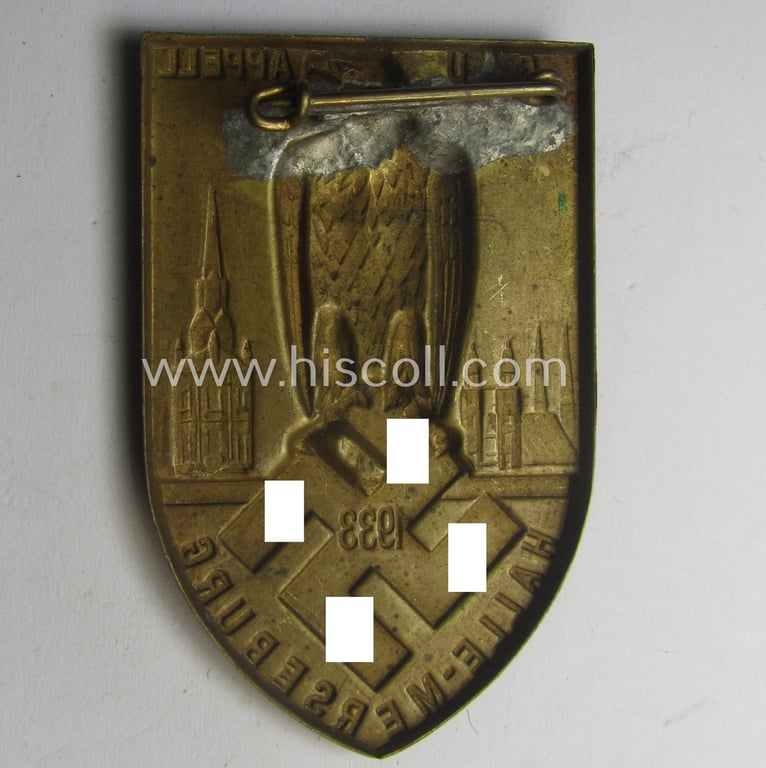 Commemorative, golden-bronze-toned N.S.D.A.P.-related day-badge (ie. 'tinnie') as issued to commemorate the: 'Gauappell - Halle-Merseburg - 1933'