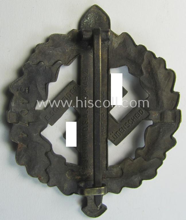 Attractive, early- (ie. pre-) war-period 'SA Sportabzeichen in Bronze' being a nicely maker- (ie. 'E. Schneider'-) marked example that bears a unique, stamped bearers'-number that reads: '540744' on its back
