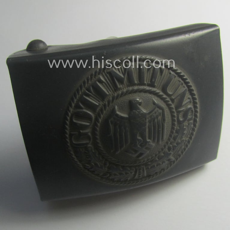 WH (Heeres) bluish-grey-coloured- and/or steel-based belt-buckle being a maker- (ie. 'JFS' or: 'Josef Feix & Söhne'-) marked example that comes in a virtually 'mint- ie. unissued-', condition