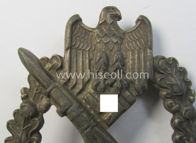 Neat, 'Infanterie Sturmabzeichen in Silber' being a maker- (ie. 'F.L.L.'-) marked and/or quite converse, 'solid-back' example by the maker: 'Friedrich Linden' (ie. 'F.L.L.') as was executed in bright silver-coloured, zinc-based metal