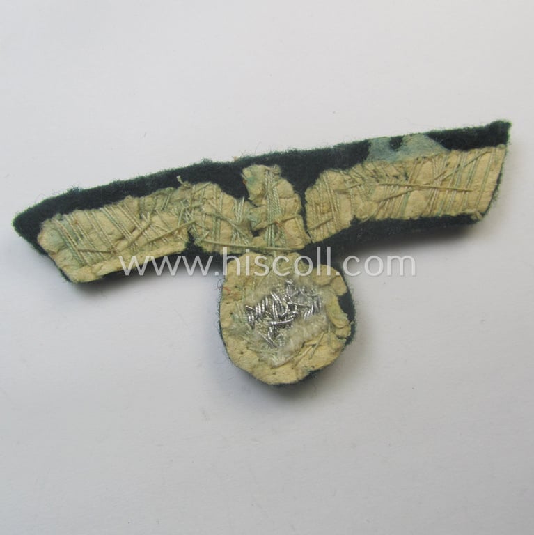 Clearly used- and/or cap-removed, WH (Heeres) officers'-pattern, visor-cap eagle/cocarde-set (ie. 'Effektensatz für Schirmmütze') being both hand-embroidered examples that come mounted onto a darker-green-coloured- and/or woolen-based background