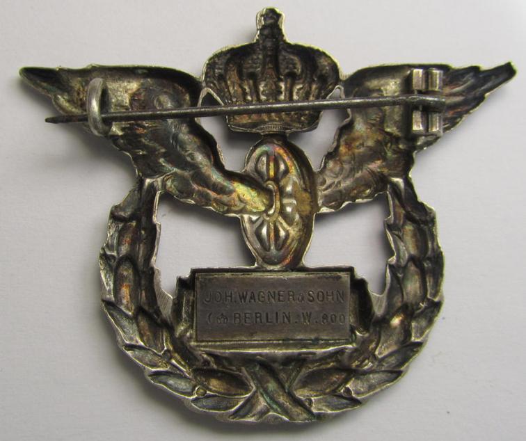 German (ie. Preussen), pre-WWI-period- and/or genuine silver-based, so-called: 'Preussisches Staats-Eisenbahn-Erinnerungszeichen für 25 Jahre Treue Dienste' (being a clearly maker- ie. 'Joh. Wagner & Sohn - Berlin'-marked example)