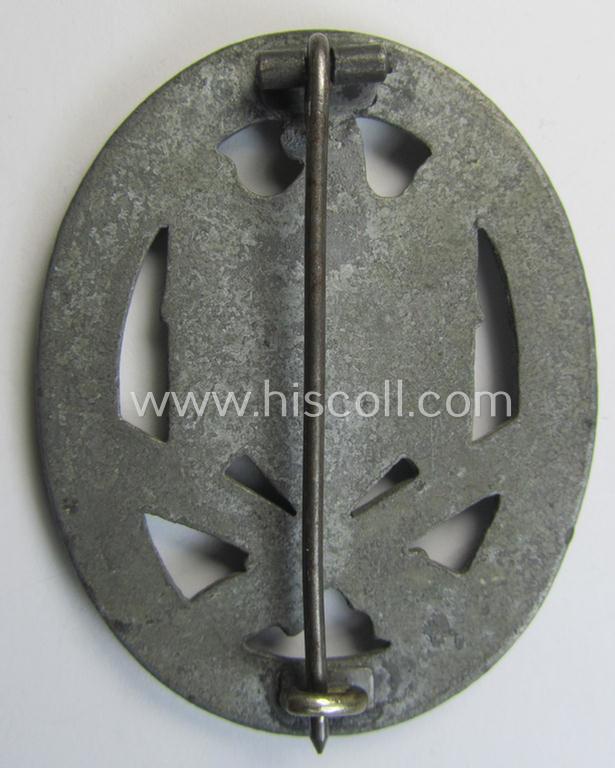 Attractive, 'Allgemeines Sturmabzeichen' (or: General Assault Badge ie. GAB) being a non-maker-marked, zinc- (ie. 'Feinzink'-) based: 'flat-back-variant' as was (presumably) produced by the maker (ie. 'Hersteller'): 'Funcke & Brünninghaus'