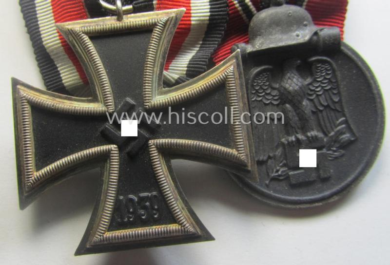 Minimally used example of a two-pieced WH (Heeres, LW o. KM etc.) medal-bar (ie. 'Orden- o. Doppelspange') showing resp. an: 'EKII. Kl.' and a medal: 'Winterschlacht im Osten 1941-42'