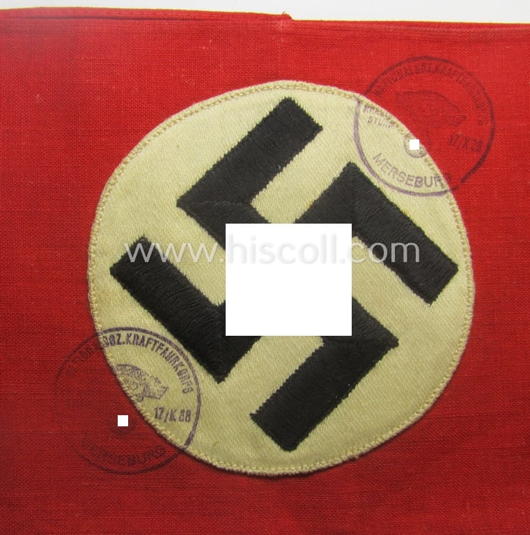 N.S.K.K.-related party-armband (ie. 'Armbinde') being of the 'party woven'-pattern (and showing two clear ink-stamps that both read: 'Nat. Soz. Kraftfahrkorps - Kraftf.Sturm 17/K 38 - Merseburg')