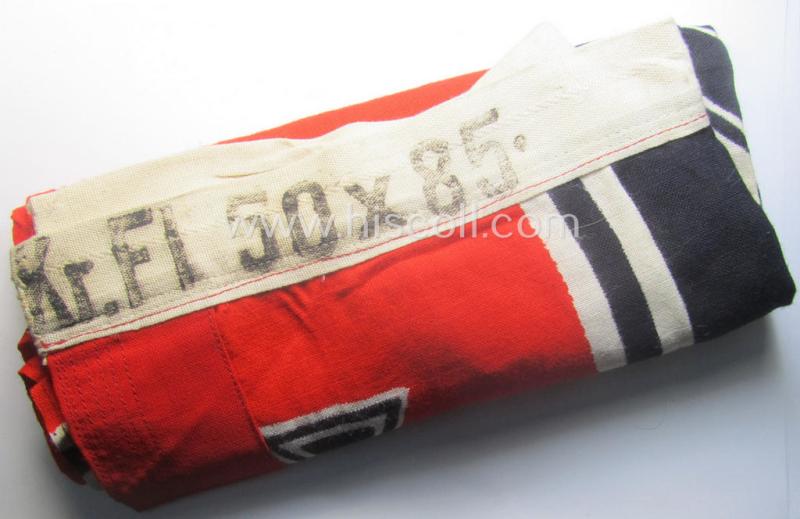 Stunning - and rarely found! - smaller-sized, WH (Kriegsmarine) so-called: 'Reichskriegsflagge o. U-Boot-Fahne' being a: 50 x 85 cms.-sized- and/or clearly maker-marked example that comes in an overall wonderful and fully untouched, condition