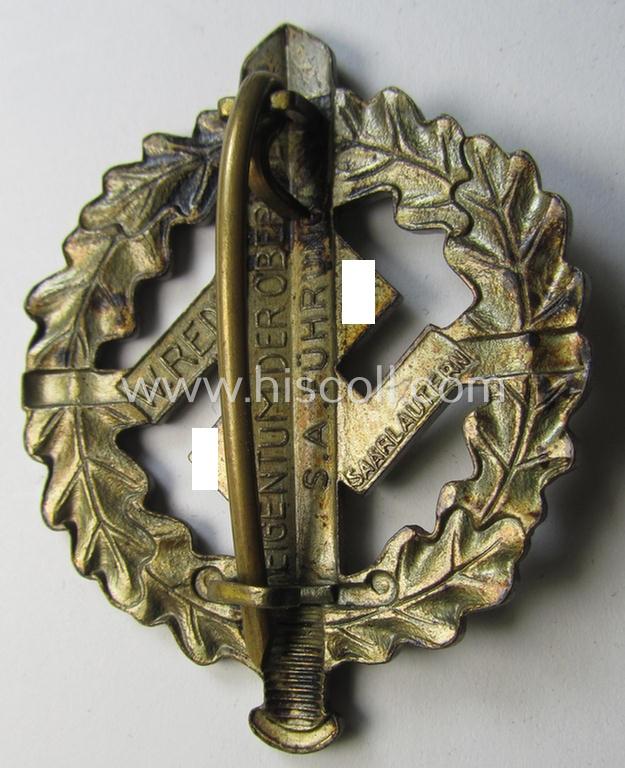 Neat - and just minimally used! - early- (ie. mid-) war period example of an: 'SA-Sportabzeichen in Bronze' being a nicely maker- (ie. 'W. Redo - Saarlautern'-) marked example that is void of an an impressed bearers'-number