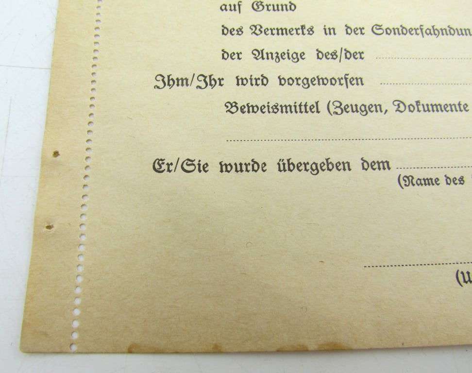 Blank Gestapo Arrest Report Form (Festnahme)