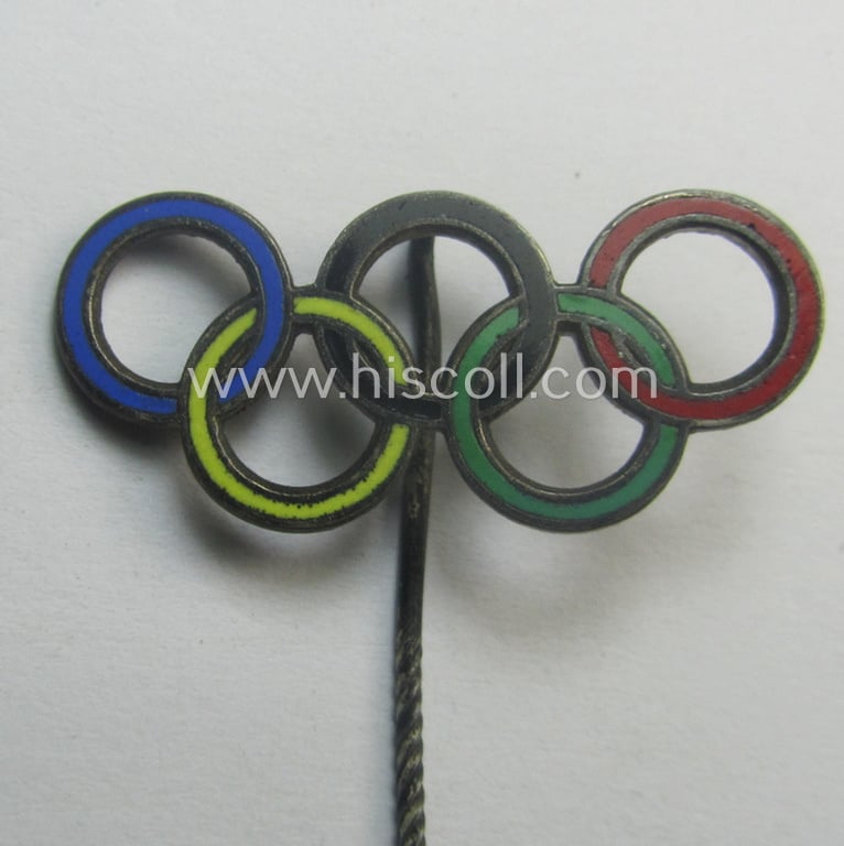 Commemorative - and neatly colourful enamelled! - 'Veranstaltungsabzeichen' being a non-maker-marked example that is showing the five Olympic-rings (and that was issued for the: 'XI. Olympiade' held in Berlin in 1936