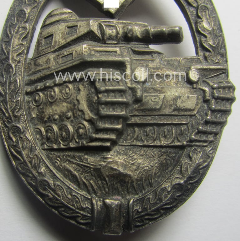 'Panzerkampfabzeichen in Silber' being a neatly maker- (ie. 'HA'-) marked- and/or typical zinc- (ie. 'Feinzink'-) based specimen as was produced by the desirable 'Hersteller' (ie. maker): 'Hermann Aurich'