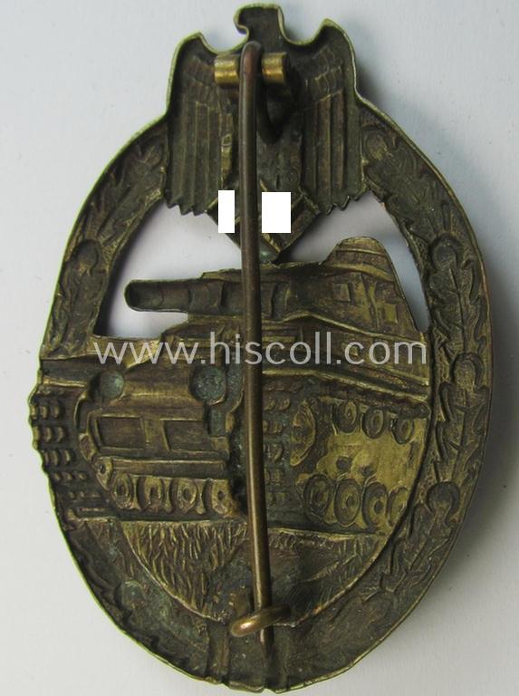 Superb - and actually scarcely encountered! - example of a: 'Panzerkampf-Abzeichen in Bronze' being a typical 'hollow-back', non-maker-marked- (and/or: 'Buntmetall'- ie. 'Tombak'-) based example as was procuced by the: 'Karl Würster'-compan...
