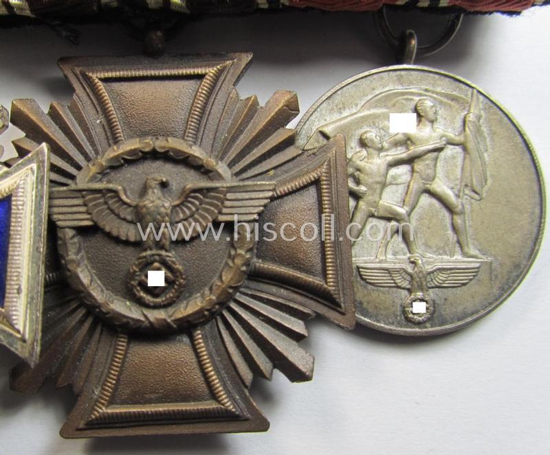 Superb, 3-pieced N.S.D.A.P.-related medal-bar (ie. 'Ordenspange') showing a: 'D.A. in Silber' (ie. '2. Stf. für 15 Jahre t.D.'), a: 'D.A. in Bronze' (ie. '3. Stf. für 10 Jahre t.D.') and an: Austrian 'Anschluss'-medal