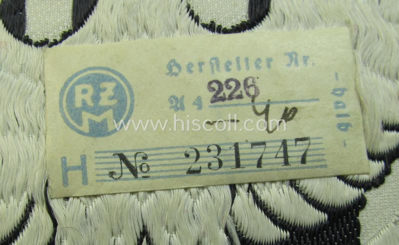 Attractive - and fairly large-sized! - example of a linnen-based N.S.D.A.P.-related sport-shirt badge (ie. 'Brustabzeichen für Sportanzug') as was executed in the neat 'BeVo-weave pattern and that still retains its period-attached 'RzM'-etiket