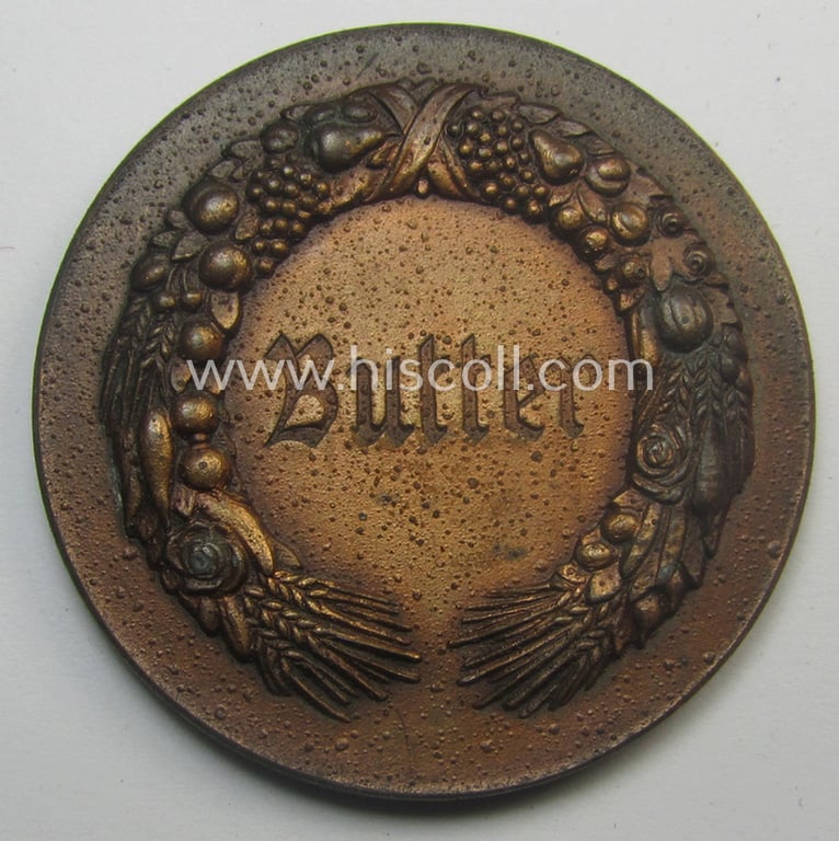 Reddish-copper-toned, 'Reichsnährstand'- (ie. 'RNSt.'-) related, commemorative-award-plaque entitled: '2. Reichsnährstands-Austellung - Blut und Boden - Hamburg 1935 - Butter' and that comes stored in its period etui