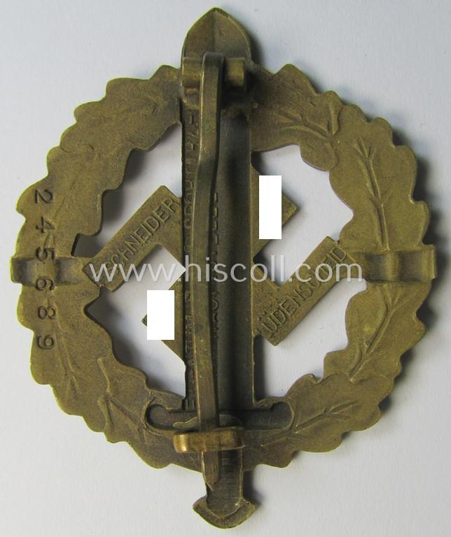 Early- (ie. pre-) war-period 'SA Sportabzeichen in Bronze' being a nicely maker- (ie. 'E. Schneider'-) marked example that bears a unique, stamped bearers'-number that reads: '245689' on its back