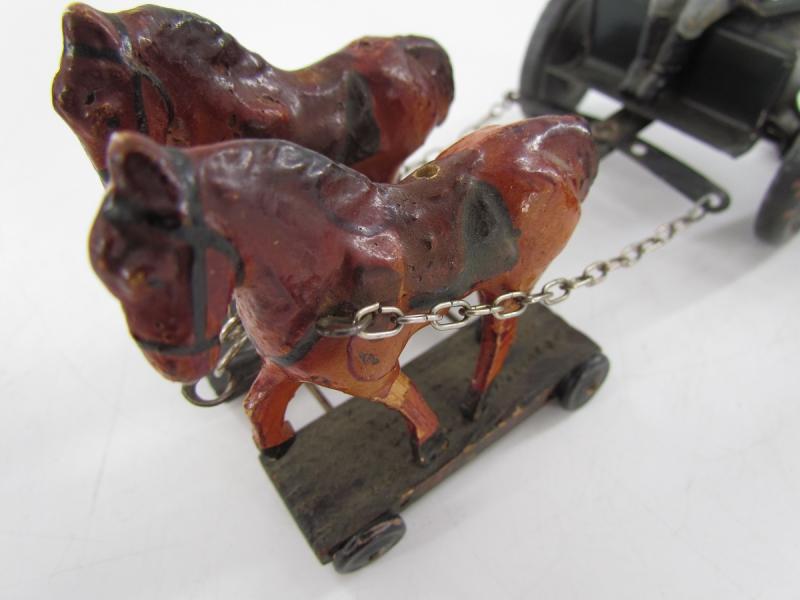 Pre War German Composition 2 Horse Drawn Carriage With CannonToy