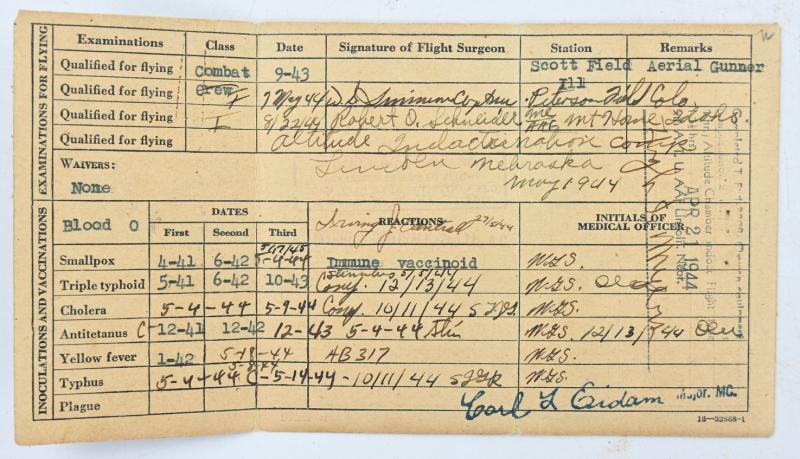 USAAF WW2 Pilot & Crew Physical Record Card