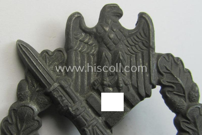 Neat, 'variant'-pattern, zinc- (ie. 'Feinzink'-) based example of an: 'Infanterie-Sturmabzeichen in Silber' being a maker- (ie. 'R.S.'-) marked example as produced by the Austrian maker (ie. 'Hersteller') 'Rudolf Souval' based in Wien (Vi...