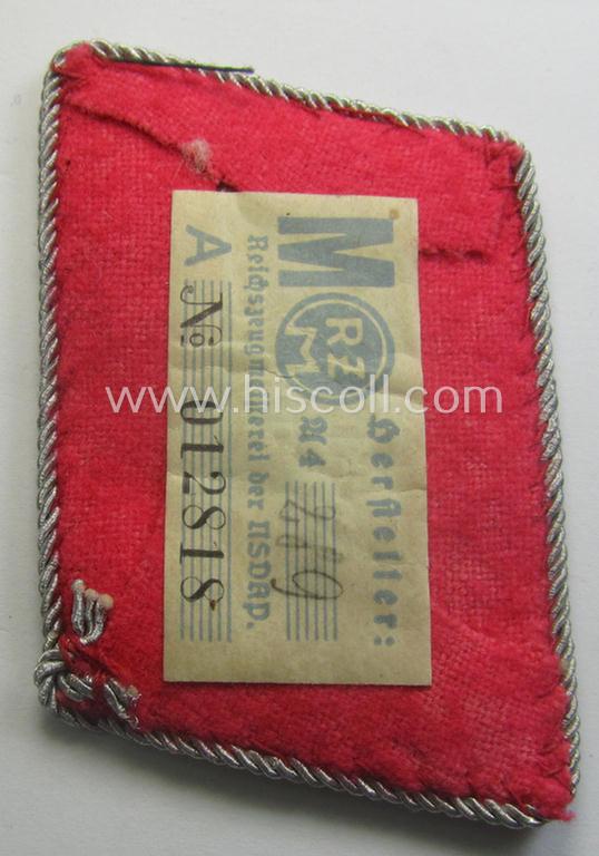 Regrettably single, high-ranked SA (ie. 'Sturmabteilungen') hand-embroidered, bright-pink-coloured general-officers'-type collar-tab (ie. 'Kragenspiegel für Generale') for an: 'SA-Brigadeführer' (still retaining its 'RzM'-etiket)