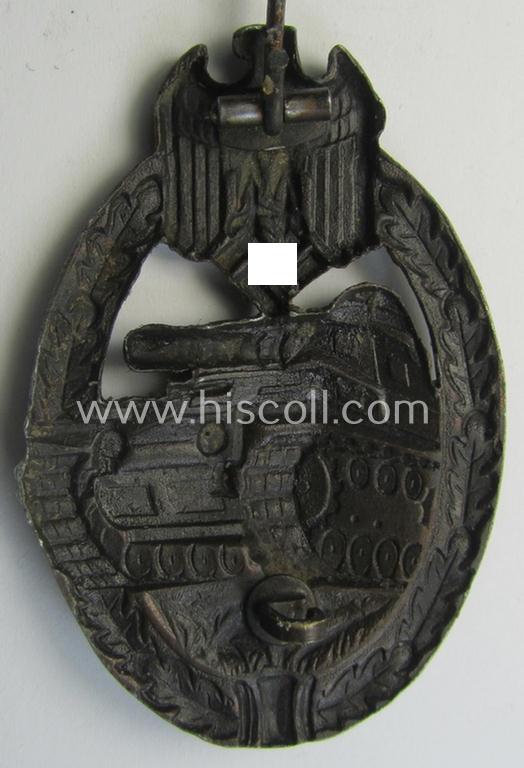 Attractive - and moderately used! - 'Panzerkampfabzeichen in Bronze' (or: bronze-class panzer-assault badge or PAB) being a non-maker-marked- and/or hollow zinc- (ie. 'Feinzink'-) based example as was produced by the: 'Wilh. Deumer'-company