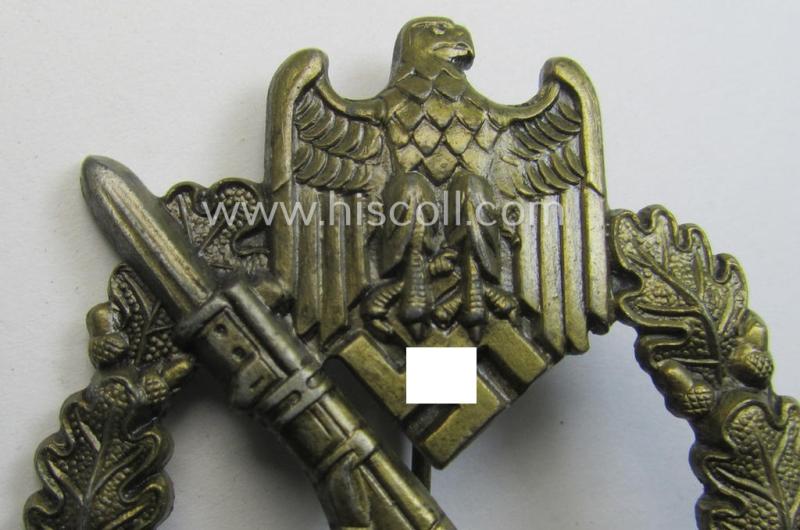 'Infanterie Sturmabzeichen in Bronze' (or: bronze-class infantry-assault-badge ie. IAB) being a non-maker-marked, so-called: 'semi-hollow-back'-example as was (I deem) produced by the: 'R.A. Karneth u. Söhne'-company