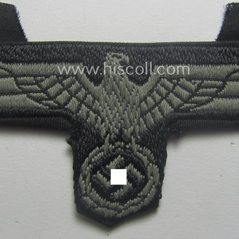 WH (Heeres) later- (ie. mid-war-) period- and/or bluish-grey-coloured 'Panzer'-type side-cap-eagle a executed in the neat 'BeVo'-weave pattern onto a typical black-coloured background