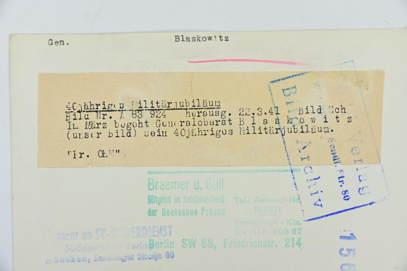 German WH Portrait Picture/ Press Photo 'Generaloberst Blaskowitz'
