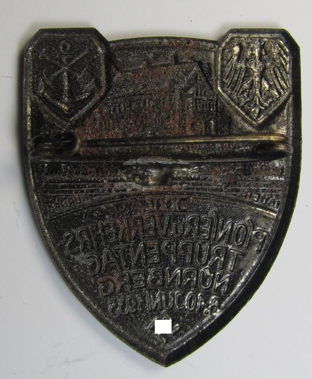 Silverish-golden-toned, (I deem) N.S.K.O.V.-related day-badge (ie. 'tinnie') as was issued to commemorate a gathering entitled: 'Pionier u. Verkehrstruppentag - Nürnberg - 8.-10. Juni 1935'