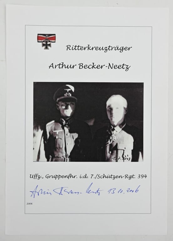 Signature of Wehrmacht Heer KC Recipient 'Arthur Becker Neetz'